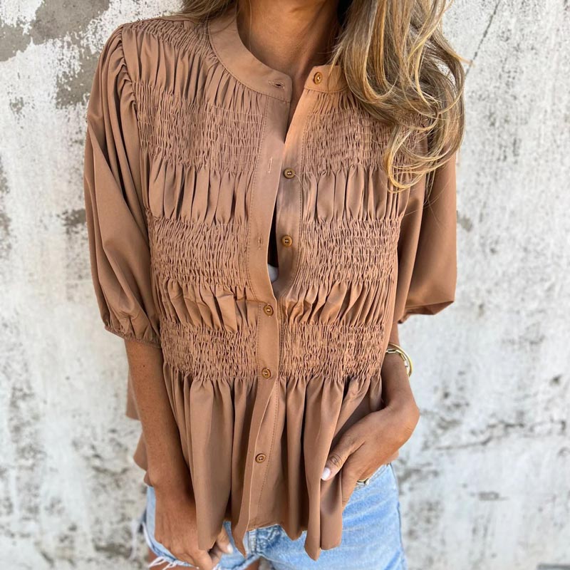 💖 New Year Hot Sale💖Women’s Casual Pleated Round-neck Button Shirt