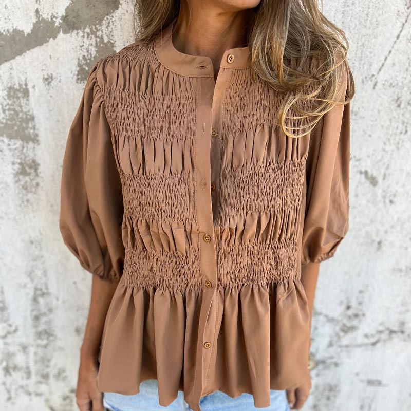 💖 New Year Hot Sale💖Women’s Casual Pleated Round-neck Button Shirt