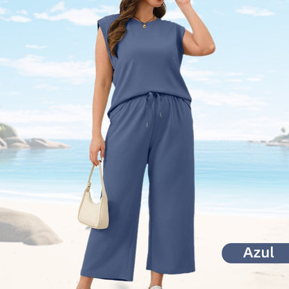 Conjunto de 2 piezas de top sin mangas y pantalones de pierna ancha para mujer