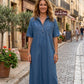 👗 ¡AHORA CON UN 50 % DE DESCUENTO! 👖 Vestido camisero midi informal de vaquero con bolsillos – Vaquero suave y corte holgado – Bolsillos prácticos, perfectos para el día a día – Cómodo y versátil ✨🌸