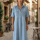 👗 ¡AHORA CON UN 50 % DE DESCUENTO! 👖 Vestido camisero midi informal de vaquero con bolsillos – Vaquero suave y corte holgado – Bolsillos prácticos, perfectos para el día a día – Cómodo y versátil ✨🌸