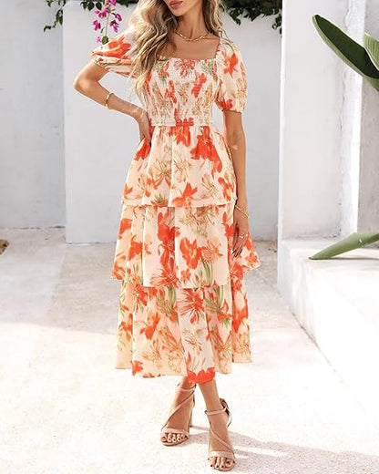 ⏰¡Oferta de verano con 50% de descuento!💃Vestido de mujer con cuello cuadrado, mangas cortas abullonadas y volantes fruncidos