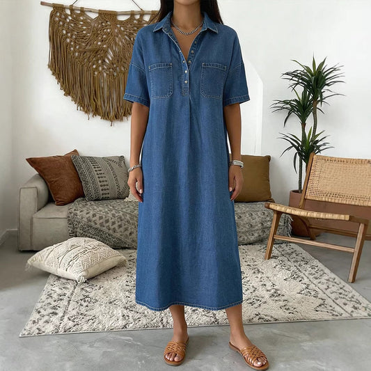 👗 ¡AHORA CON UN 50 % DE DESCUENTO! 👖 Vestido camisero midi informal de vaquero con bolsillos – Vaquero suave y corte holgado – Bolsillos prácticos, perfectos para el día a día – Cómodo y versátil ✨🌸