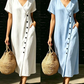 👗 Vestido midi cruzado de algodón y lino, con cuello en V y botones asimétricos – Estilo informal y elegante con prácticos bolsillos ✨