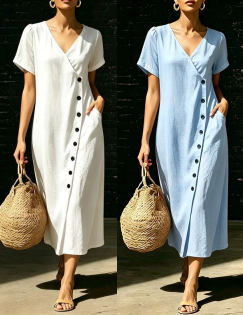 👗 Vestido midi cruzado de algodón y lino, con cuello en V y botones asimétricos – Estilo informal y elegante con prácticos bolsillos ✨