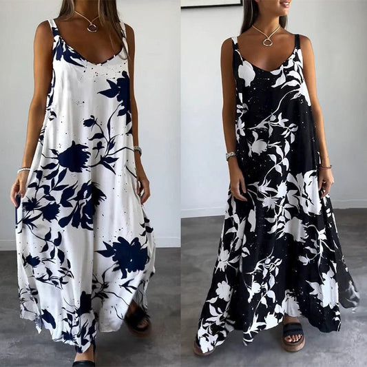 Women's Floral Spaghetti Strap Sleeveless Backless Flowing Dress