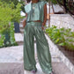 Women's 2 Piece Outfits Shiny Loose Fit Crop Top & Wide Leg Pants with Pockets
