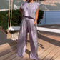 Women's 2 Piece Outfits Shiny Loose Fit Crop Top & Wide Leg Pants with Pockets