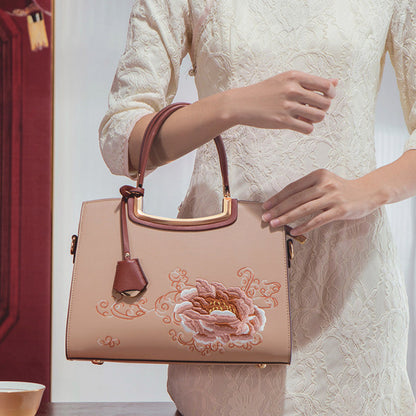 Women's Elegant Handbag with Peony Embroidery