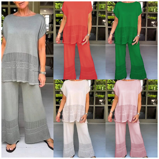 💕50% de descuento💕Conjunto de dos piezas de manga corta y pantalón de color liso para mujer