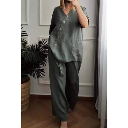 💥Ofertas especiales de verano: 50 % de descuento💥Conjunto de dos piezas informal y holgado para mujer con elegantes adornos de botones