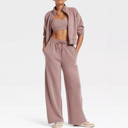 ✨Winter Offer💖Sleek Full-Zip Jacket & High-Rise Wide-Leg Sweatpants Set