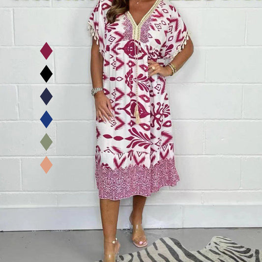 😍⏳Summer Hot Sale 50% Off🌼Printed Casual Dress With V-Neckline and Fringes on the Short Sleeves
