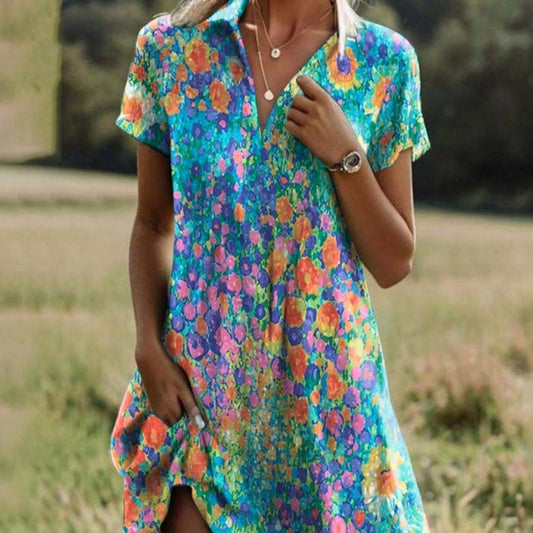 🥰Ofertas de Año Nuevo🥰Vestido informal de mujer con estampado y cuello en V🌸 Elegancia veraniega sin esfuerzo ☀️