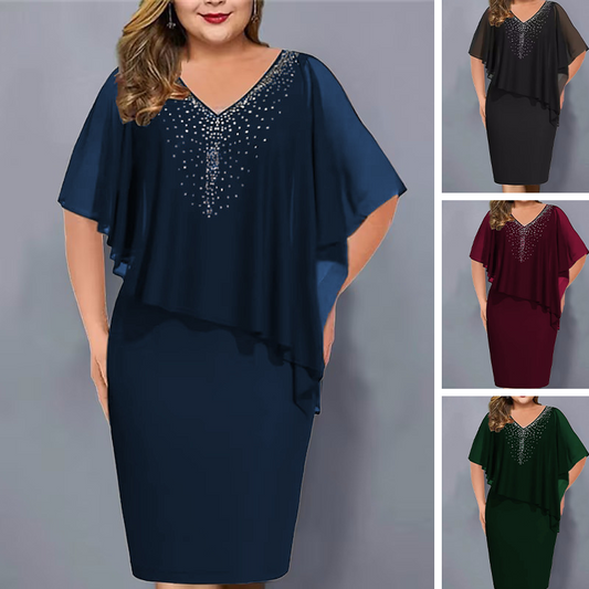 🌸Ofertas especiales de verano 2026💐Vestido tipo capa con cuello en V y pedrería, con capa superpuesta de gasa