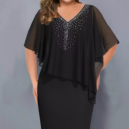 🌸Ofertas especiales de verano 2026💐Vestido tipo capa con cuello en V y pedrería, con capa superpuesta de gasa