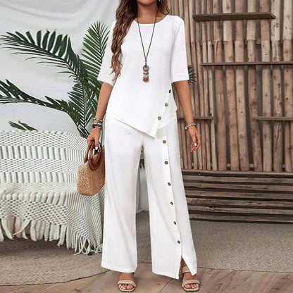 Conjunto de dos piezas para mujer: top con dobladillo irregular y pantalones de pierna ancha