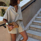 Women’s Button-Down Shirt & Shorts Set with Stripe Print