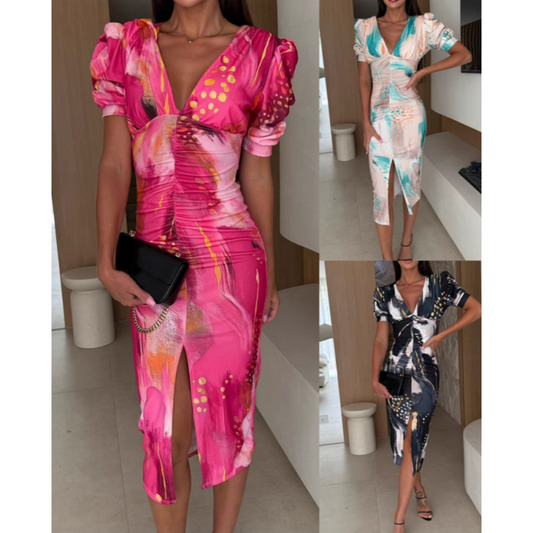 Women's Printed V-Neck High Waist Split Dress