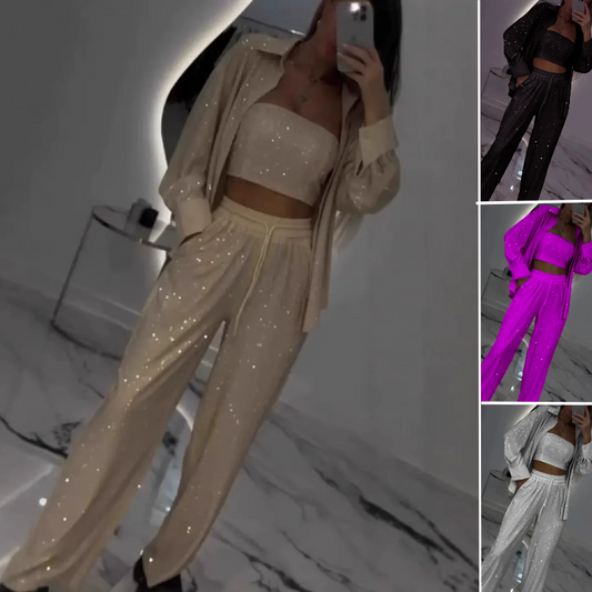 Conjunto de tres piezas de blazer de lentejuelas y pantalón ancho para mujer
