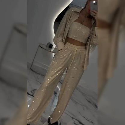 Conjunto de tres piezas de blazer de lentejuelas y pantalón ancho para mujer