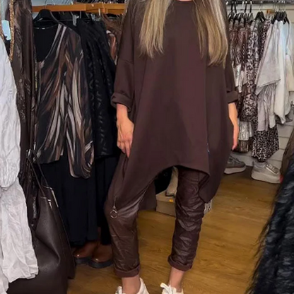 🔥Oferta por tiempo limitado: conjunto de dos piezas compuesto por una blusa holgada irregular y unos pantalones de color liso.