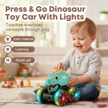 🦖 ¡50% DE DESCUENTO! ✨ Coche de Juguete Dinosaurio Press & Go - Luces y Sonidos con Movimiento Automático para Niños Pequeños 🎮🚗