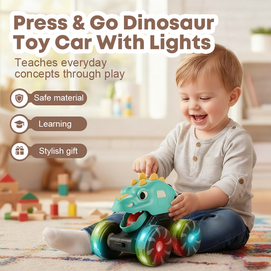 🦖 ¡50% DE DESCUENTO! ✨ Coche de Juguete Dinosaurio Press & Go - Luces y Sonidos con Movimiento Automático para Niños Pequeños 🎮🚗