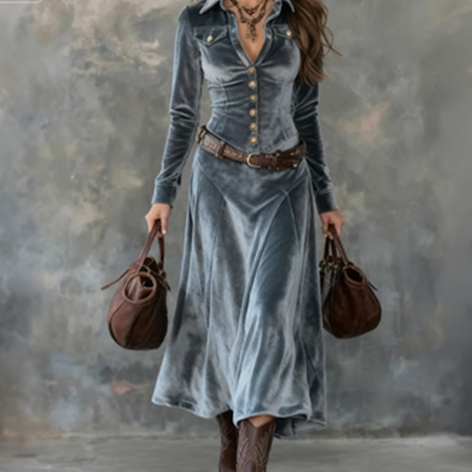 Vestido largo de terciopelo con manga larga para mujer