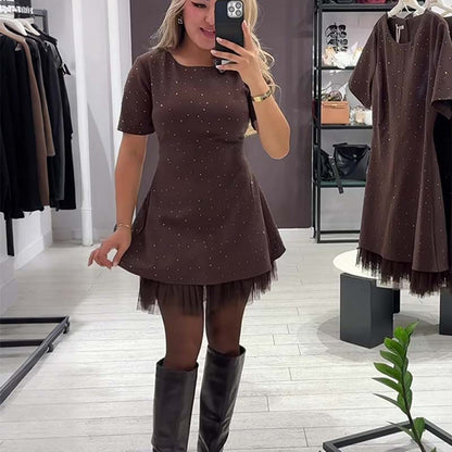 🔥Ofertas especiales: vestido mini de manga corta con ribete de encaje brillante para mujer | Elegante y brillante