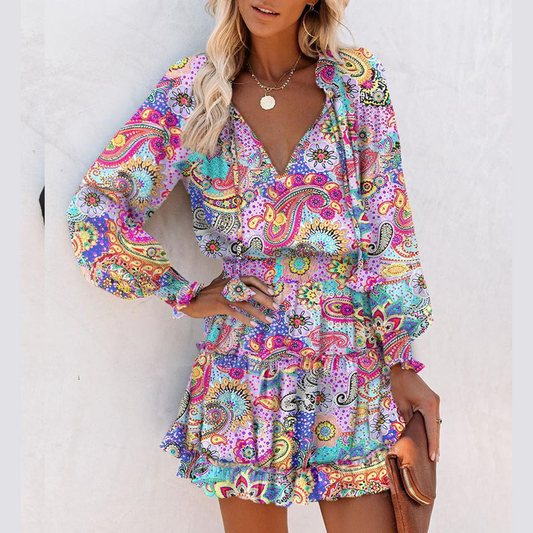Vestido mini de manga larga con cuello en V y volantes en el bajo para mujer