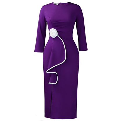Elegante vestido ajustado con cuello redondo y volantes