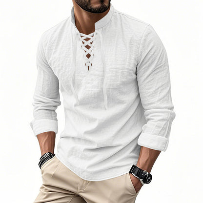 🔥Oferta Limitada🔥 Camisa Hombre Mezcla Algodón – Cuello Mao con Cordón, Transpirable, Puños Abotonados, Estilo Hippie Playa