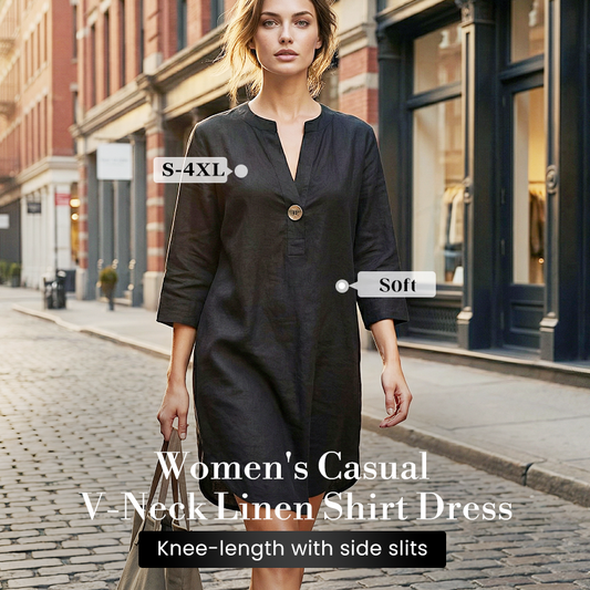 Vestido camisero informal de lino con cuello en V para mujer