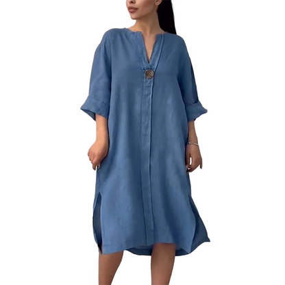 Vestido camisero informal de lino con cuello en V para mujer