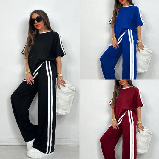 Conjunto de camiseta de rayas y pantalones anchos para mujer