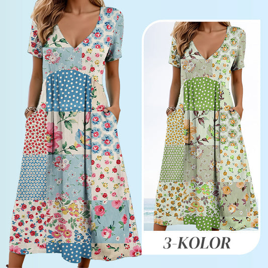 🥳OFERTA ESPECIAL 2026🥳💞¡Más de 50 000 unidades vendidas!💙¡50 % DE DESCUENTO! Vestido de mujer con estampado, cuello en V y manga corta: tejido suave, corte entallado que realza la figura, un básico informal para el día a día🌿✅