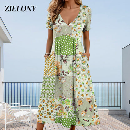 🥳OFERTA ESPECIAL 2026🥳💞¡Más de 50 000 unidades vendidas!💙¡50 % DE DESCUENTO! Vestido de mujer con estampado, cuello en V y manga corta: tejido suave, corte entallado que realza la figura, un básico informal para el día a día🌿✅