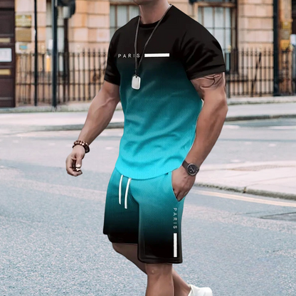 🏖️ ¡Estilo especial de verano! 😎 Conjunto de camiseta y shorts con degradado para hombre