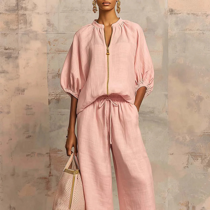 👕 ¡OFERTA RELÁMPAGO 50% DE DESCUENTO POR TIEMPO LIMITADO! 🩳 Conjunto Deportivo de 2 Piezas en Color Sólido para Mujer – Mangas Abullonadas, Pierna Ancha, Cremallera Dorada y Cordón Ajustable ✨
