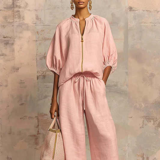 👕 ¡OFERTA RELÁMPAGO 50% DE DESCUENTO POR TIEMPO LIMITADO! 🩳 Conjunto Deportivo de 2 Piezas en Color Sólido para Mujer – Mangas Abullonadas, Pierna Ancha, Cremallera Dorada y Cordón Ajustable ✨