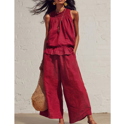 🔥Oferta especial de novedades 2026: conjunto de top sin mangas con cuello fruncido y pantalones para mujer