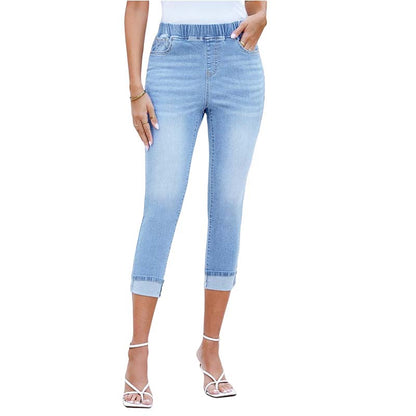 Vaqueros capri elásticos de denim para mujer, sin cremallera