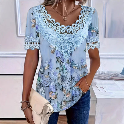 Camiseta de mujer con cuello redondo y ribete de encaje