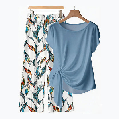👚 ¡50% DE DESCUENTO AHORA! 🌸 Set de camiseta de corbata lateral y pantalones estampados para mujer – Ajuste fluido, ajustable y perfecto para vacaciones de verano o ropa 👖 de resort