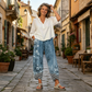 Pantalones de mujer de corte ancho con estampado floral vintage