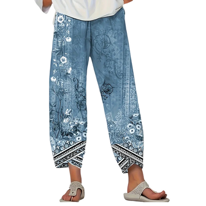 Pantalones de mujer de corte ancho con estampado floral vintage