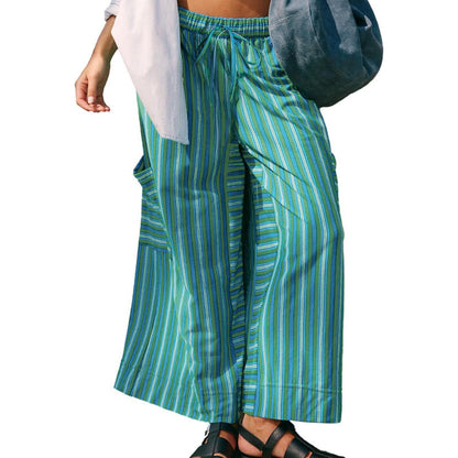 🔥Oferta por tiempo limitado: pantalones de mujer a rayas, de corte ancho y con cordón