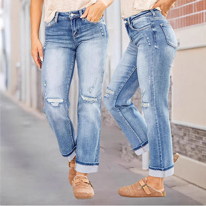 Vaqueros casuales de mujer con rotos y corte recto