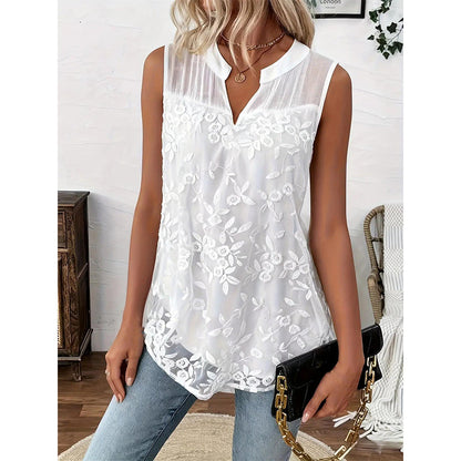 🌸 ¡AHORA CON UN 50 % DE DESCUENTO!✨ Camiseta sin mangas de encaje floral para mujer: elegante escote en V y estilo romántico. Un básico imprescindible para tu armario. 🕊️